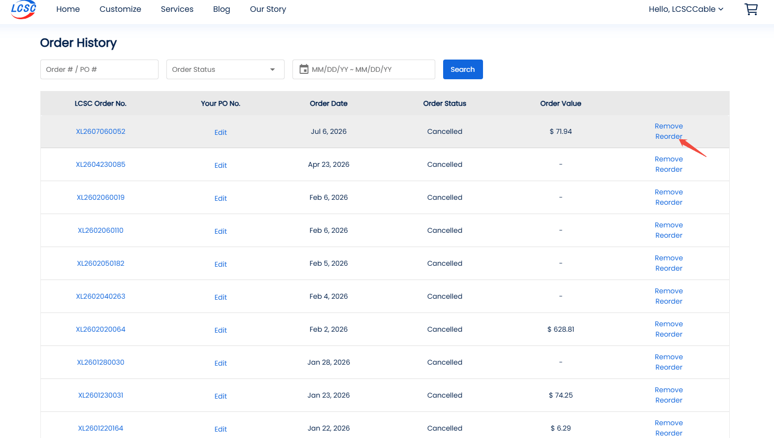 Click Reorder on Cable Order page
